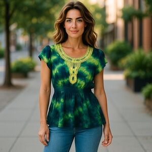 ONE WORLD Green and Yellow Breezy Lightweight Tie-Dye Blouse SMALL